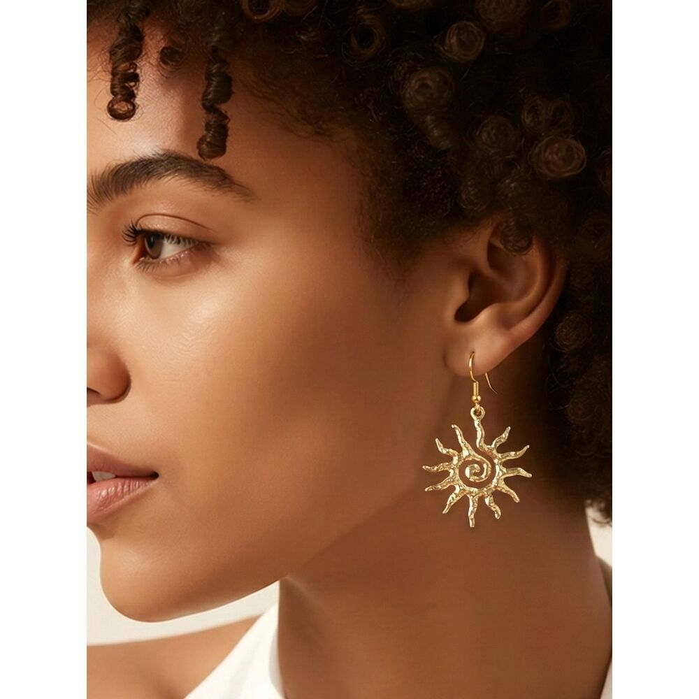 Gold Sunburst Earrings Statement Dangle 18K Stainless Steel Radiant Sun Glow Up